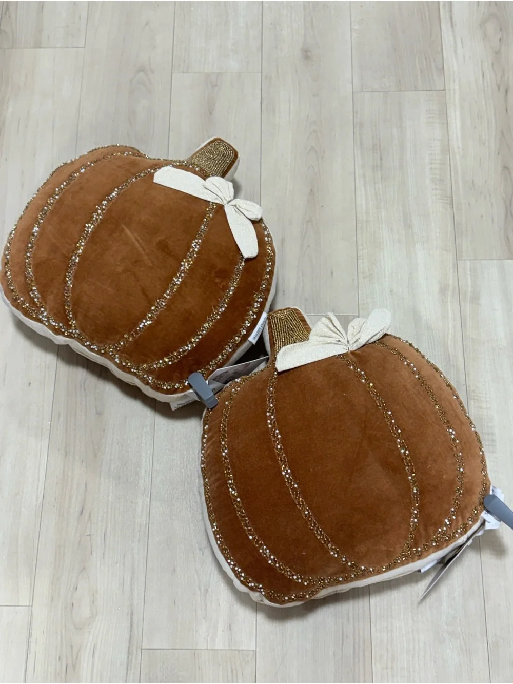 Shabby Chic Velvet Pumpkin Accent 2 Pillows  in Rust and Cream